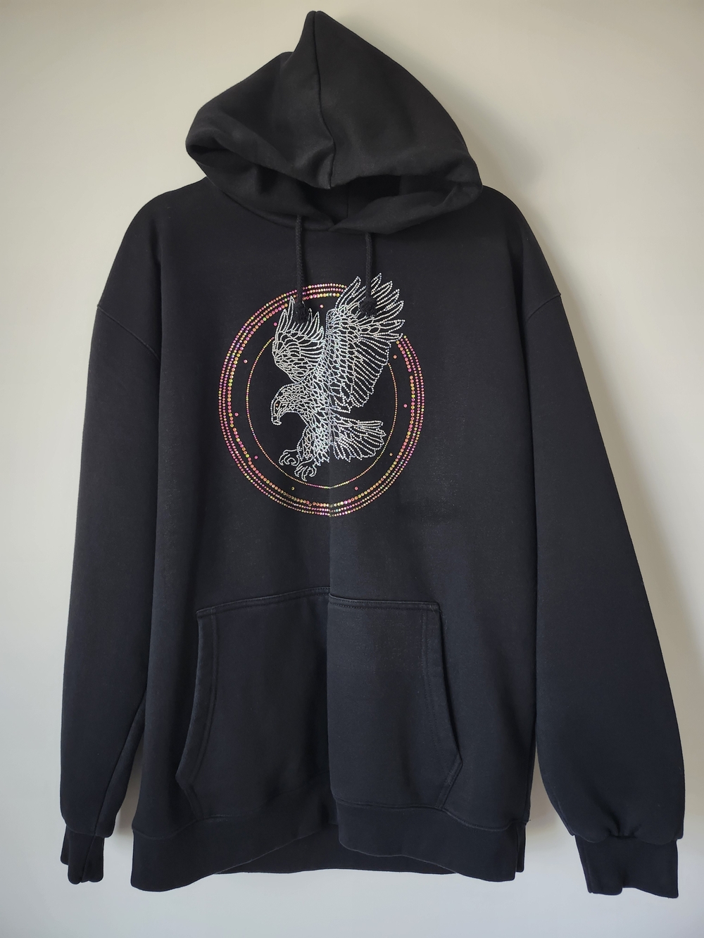 Black Pullover Hoodie with Eagle Rhinestone Graphic - Picture 2 of 9